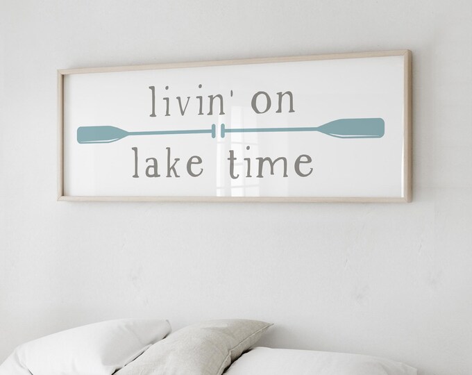 Minimalist Livin' on Lake Time Sign, Tide Blue and Gray on White, Blue Boat Oars, Beach Wall Art, Boating Gift Idea, Coastal Home Decor