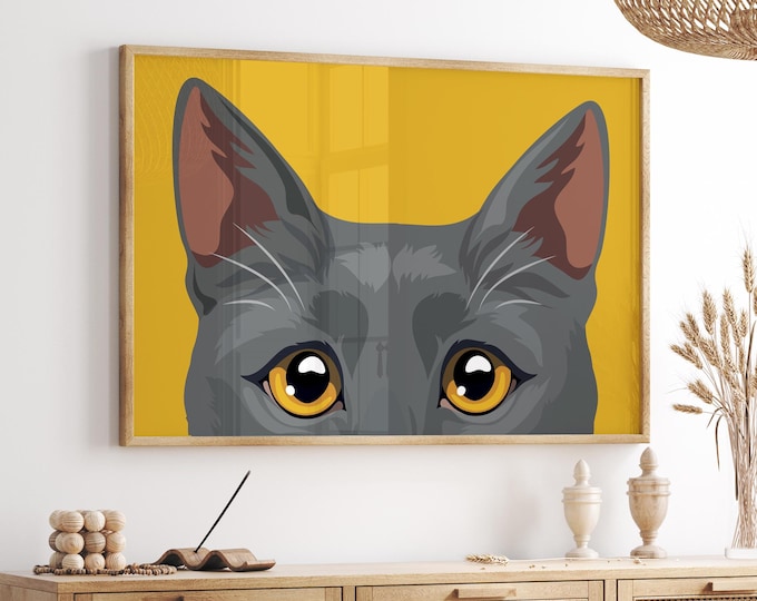 Gift for Cat Owner, Gray Blue Russian Shorthair Print, Wide Mustard Feline Decor