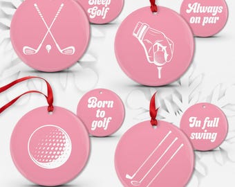 Golf Christmas Ornaments: Pink Ceramic Set - Durable Holiday Decor