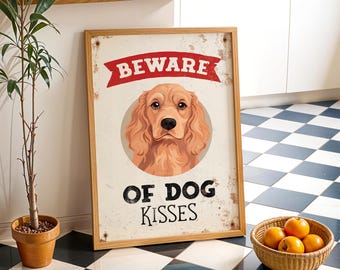 Dog Artwork Print, Beware of Kisses Banner with a Golden Spaniel Portrait on Cream