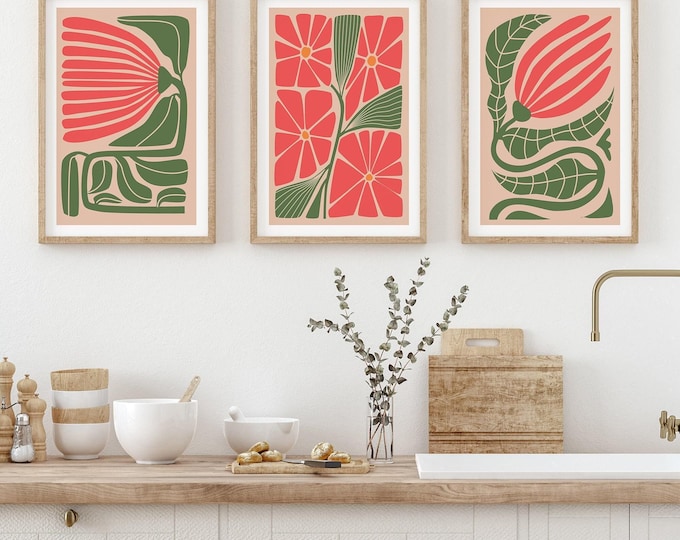 Triptych Wall Art, 3 Piece Wall Set, Flower Mural, Abstract Floral Panels, Modern Framed Decor, Farmhouse Style, Office or Beach House