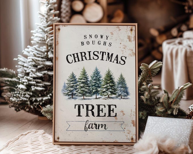 Snow Art, Snowy Boughs Tree Farm Sign with Blue Green Evergreens on Aged Cream