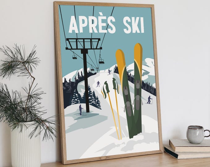 Apres Ski Chairlift Print, Teal and Green Cabin Wall Art, Ski Lodge Gift