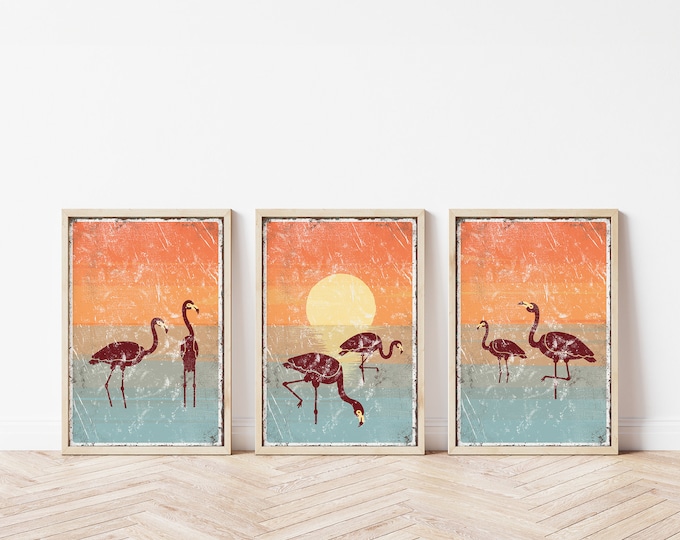 Flamingo Triptych Wall Art, Flamingos at Sunset Set of 3 Wall Decor, Extra Large 3 Piece Set, Bird Triptych for Modern Farmhouse Decor • 061