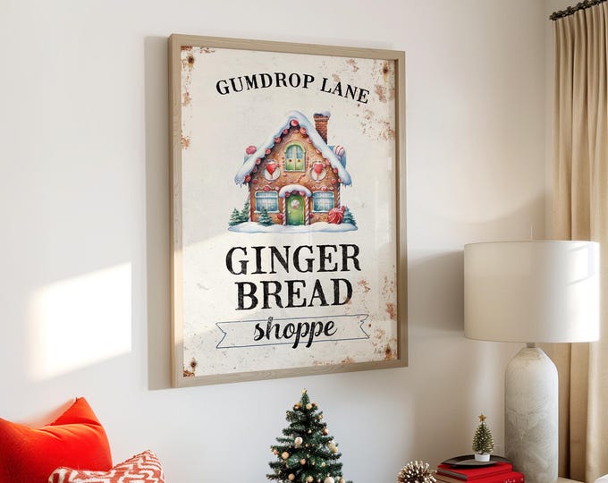 Christmas Gingerbread Shop Sign, Cozy Vintage Style (Multiple Sizes)