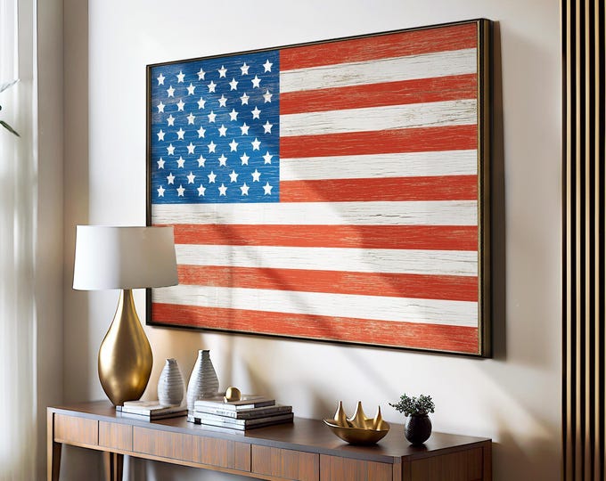 USA 250th Anniversary Flag Wall Art, Vintage Americana Cabin Lodge Print