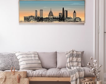 Washington Dc Art, Capitol Skyline Silhouette Wall Print, Sunset Blue Panoramic Cityscape