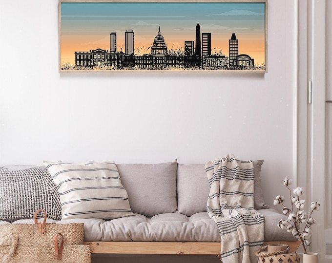 Washington Dc Art, Capitol Skyline Silhouette Wall Print, Sunset Blue Panoramic Cityscape