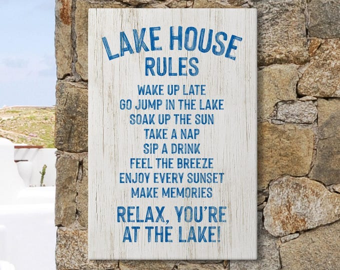 Lake Rules Wall Art: Vintage Rustic Cabin Style (Blue White)