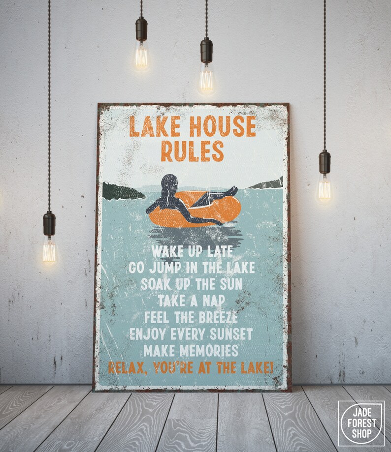 Vintage LAKE HOUSE RULES Sign in Orange With Woman Tubing, Large Lake