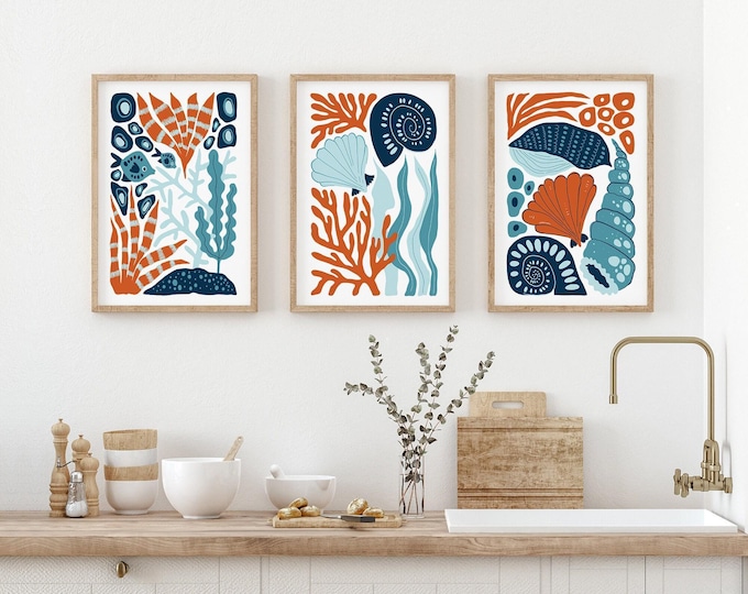 Coral Living Room Decor, Triptych Wall Art, Bar Cart Decor, Mosaic Design