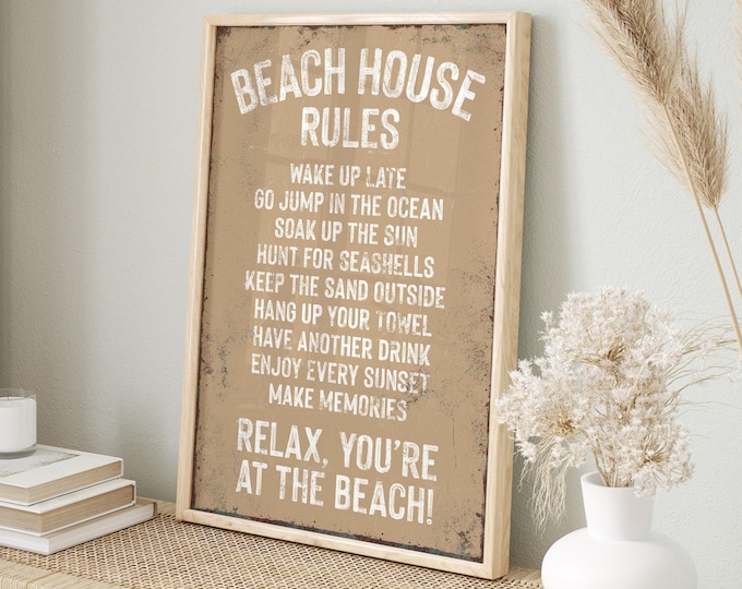Beach House Decor, Beach Rules Sign, Cabin Wall Art, Vintage Coastal Canvas Print, Latte Tones, Vacation Rental Gift, Rustic Sandy Charm