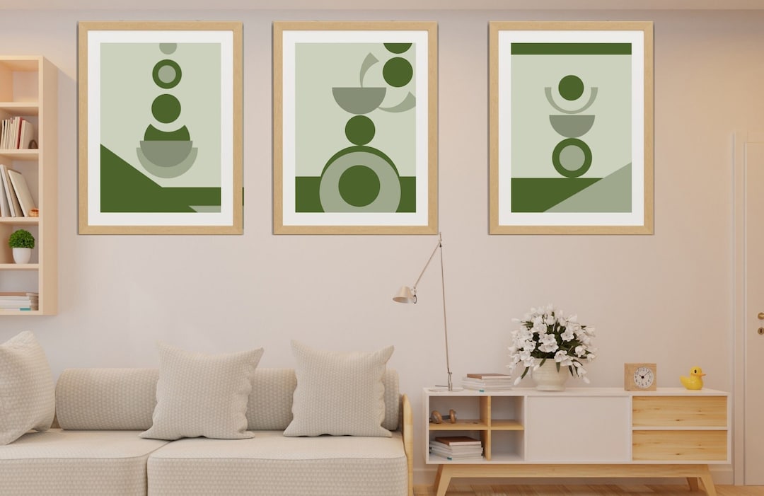 Impression Sur Toile Boho Vert Sauge Tableau Minimaliste Feuille Soleil Lune Peinture Decoration Murale 30x40cm Avec Cadre - Maison