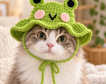 Gorro de rana de ganchillo para gato: adorable gorro de rana verde con mejillas rosas, disfraz kawaii para mascotas y accesorio para sesión de fotos de gatos.