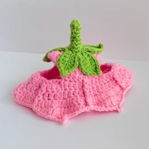 May include: A pink crocheted strawberry costume with green leaves. The costume is designed for a small pet.