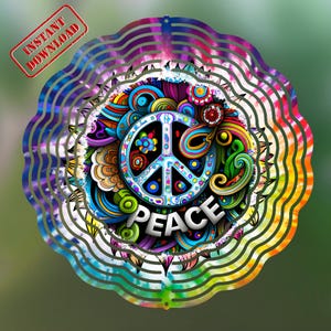 May include: A colorful metal wind spinner with a peace sign and the word "PEACE" in a tie-dye pattern.
