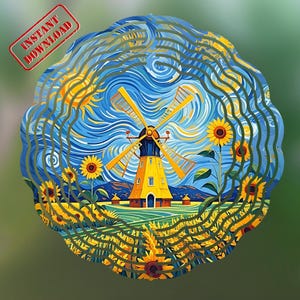 May include: A digital art print featuring a yellow windmill, sunflowers, and a blue sky with swirling clouds. The image has a circular design with a wavy border and the text "INSTANT DOWNLOAD" in the upper left corner.