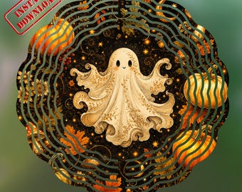 Cute Halloween Ghost Wind Spinner PNG, Pumpkin Garden Flag, Spooky Fall Sublimation Design, Autumn Digital Download