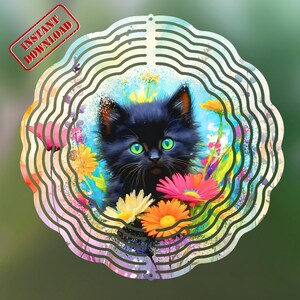 Cata-vento floral de gato preto: design de sublimação de gatinho (PNG)