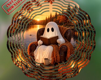 Cozy Ghost Wind Spinner PNG, Autumn Reading Ghost Sublimation, Fall Cabin Garden Decor