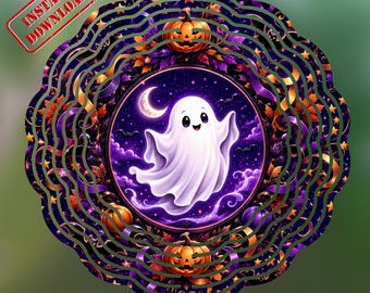 Cute Ghost Wind Spinner PNG, Purple Halloween Sublimation, Pumpkin Garden Flag Design