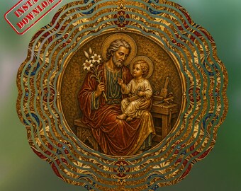 Saint Joseph Icon Art, Christian Wall Decor, Byzantine Catholic Printable PNG, Religious Vintage Gold Artwork