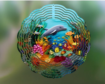 Dolphin 3D Ocean Wind Spinner Sublimation Design, Dolphin WindSpinner PNG for Sublimation, Tropical Fish 10inch Wind spinner Png Download