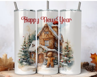 Weihnachten 20 oz Skinny Tumbler Wrap, Lebkuchenhaus Tumbler Wrap, Happy New Year Becher Sublimation Design PNG, sofortiger DIGITALER DOWNLOAD