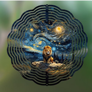 May include: A metal wind spinner with a circular design featuring a lion standing on a cliff against a starry night sky background. The sky is painted in shades of blue, yellow, and white, with swirling clouds and stars.