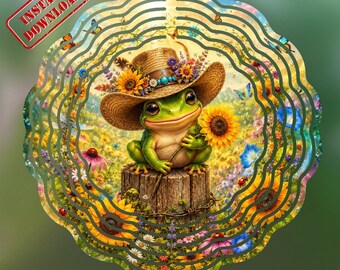 Cute Frog PNG, Frog Sunflower Decor, Cottagecore Garden Art, Whimsical Farmhouse Printable, Summer Digital Download