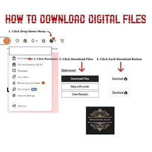May include: A screenshot of a computer screen showing how to download digital files from an online store. The instructions are numbered and include clicking on the "Purchases" button, then clicking on the "Download Files" button, and finally clicking on each download button. The screen also shows a logo for Windspinner Design.