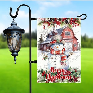 Snowman Garden Flag Sublimation Design, Merry Christmas Garden Flag Png, Farmhouse Christmas Red Barn 12x18 Garden Flag Digital Download