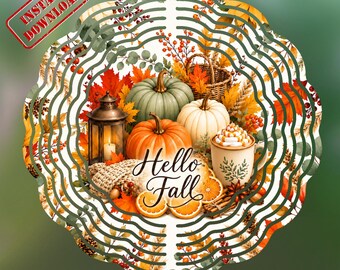 Hello Fall Wind Spinner PNG, Cozy Pumpkin Garden Flag, Autumn Floral Sublimation Design