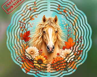Fall Horse Wind Spinner PNG, Autumn Floral Garden Flag, Palomino Horse Sublimation Design