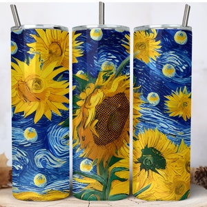 May include: Three stainless steel tumblers featuring a design of sunflowers against a blue and white starry night background. The tumblers are 20 ounces each and come with a straw.