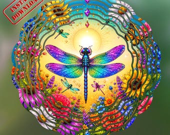 Spinner à vent libellule arc-en-ciel PNG, design coloré en sublimation de jardin de fleurs sauvages