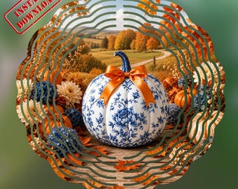 Blue Chinoiserie Pumpkin Wind Spinner PNG, Fall Garden Flag, Elegant Autumn Sublimation Design