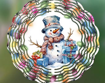 May include: A metal wind spinner with a snowman holding presents. The snowman is wearing a black top hat, a red and white striped scarf, and a blue scarf. The wind spinner is decorated with colorful lights.
