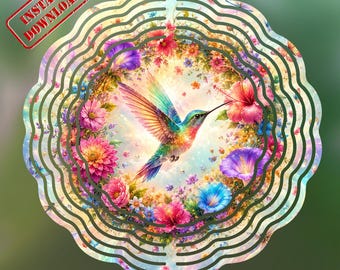 Spinner à vent colibri arc-en-ciel PNG, jardin floral sublimation design