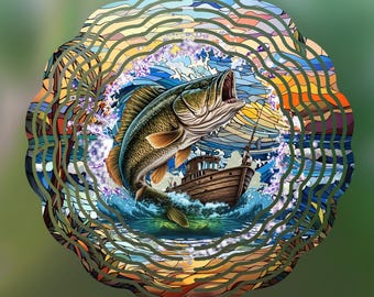 Fishing Wind Spinner Sublimation Design, Smallmouth Bass Fish Wind Spinner Png for Sublimation, Fisherman Garden 10inch Wind Spinner Png