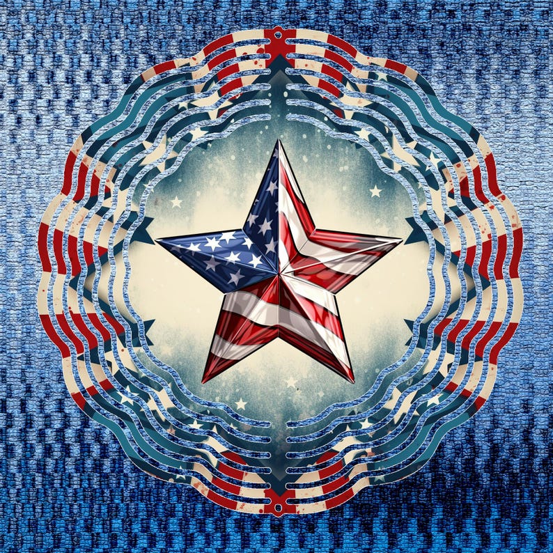 K&ouml;nnte beinhalten: Ein roter, wei&szlig;er und blauer sternf&ouml;rmiger Windf&auml;nger mit einem verwitterten Hintergrund. Der Stern ist von einem Kreis aus roten, wei&szlig;en und blauen Streifen umgeben.