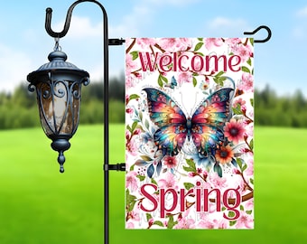 Welcome Spring Garden Flag Sublimation Design, Colorful Butterfly Spring Garden Flag Design, Png for Sublimation, 12x18 Garden Flag Png