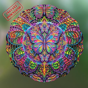 Może przedstawiać: Żywy, psychodeliczny wzór mandali z centralnym motywem motyla, otoczony skomplikowanymi wzorami w spektrum kolorów, w tym niebieskim, fioletowym, zielonym i żółtym. Obraz ma stempel 'Natychmiastowe pobieranie'.