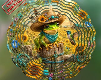 Spinner à vent grenouille de cow-boy PNG, conception de sublimation de ferme de tournesol