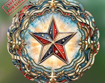 Americana Patriotic Star Wind Spinner PNG, Design rustique 3D en métal avec sublimation d'étoiles