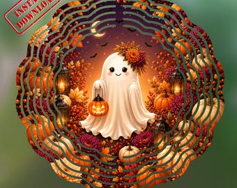 Cute Halloween Ghost Wind Spinner PNG, Fall Pumpkin Floral Sublimation Design, Autumn Garden Flag