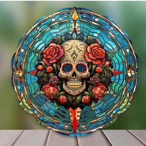 Day Of The Dead Sugar Skull Wind Spinner Sublimation Design, Day Of The Dead WindSpinner PNG, Stained Glass Sugar Skull 10in Windspinner Png