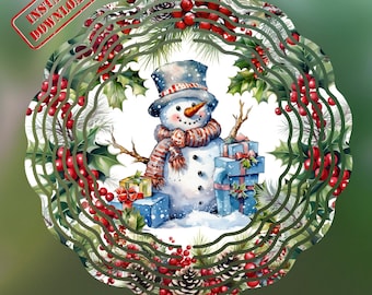 May include: Watercolor illustration of a snowman wearing a top hat and scarf, surrounded by a wreath of holly, berries, and pinecones. The snowman holds gifts. The image has a red "INSTANT DOWNLOAD" stamp.