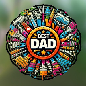 May include: A colorful circular design with various tools and the words "BEST DAD" in the center. The design is surrounded by a ring of tools, including wrenches, screwdrivers, and paintbrushes.