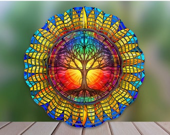 Tree of Life Wind Spinner Sublimation Design, Sunflower Wind Spinner PNG for Sublimation, Stained Glass Tree of Life 10inch Wind Spinner Png